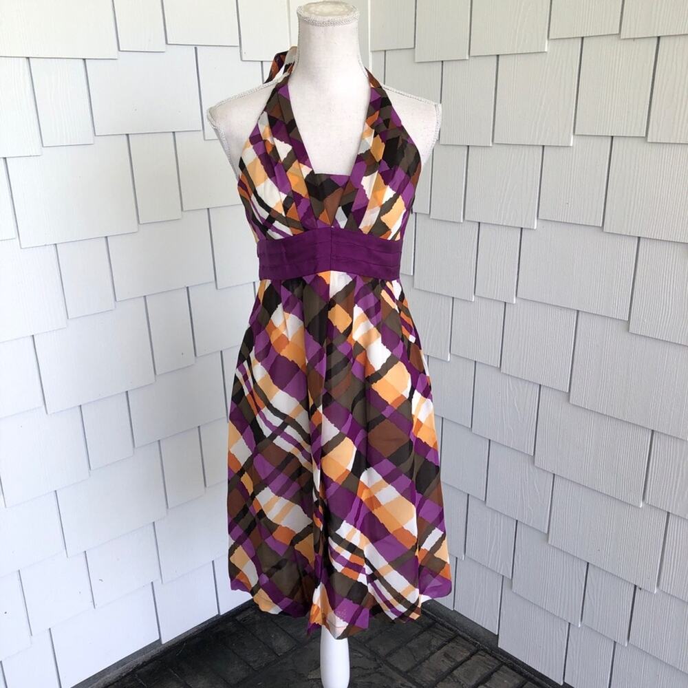 MOULINETTE SOEURS for ANTHROPOLOGIE Women's Purple Multi Plaid Halter Dress sz 2